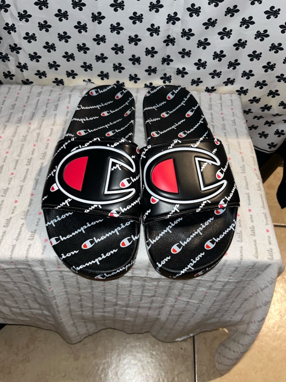 Champion Black Slide Sandals with Red Logo Accent